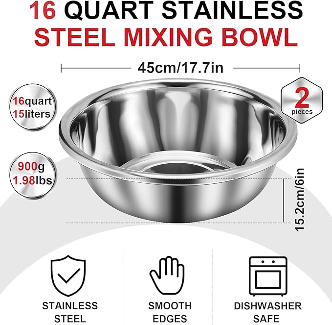 2 Pack Large Mixing Bowl Oversized All Purpose 304 Stainless Steel Polished Mirror Flat Base Metal Bowl for Home or Commercial Prepping Baking Mixing Marinating(16 Qt)