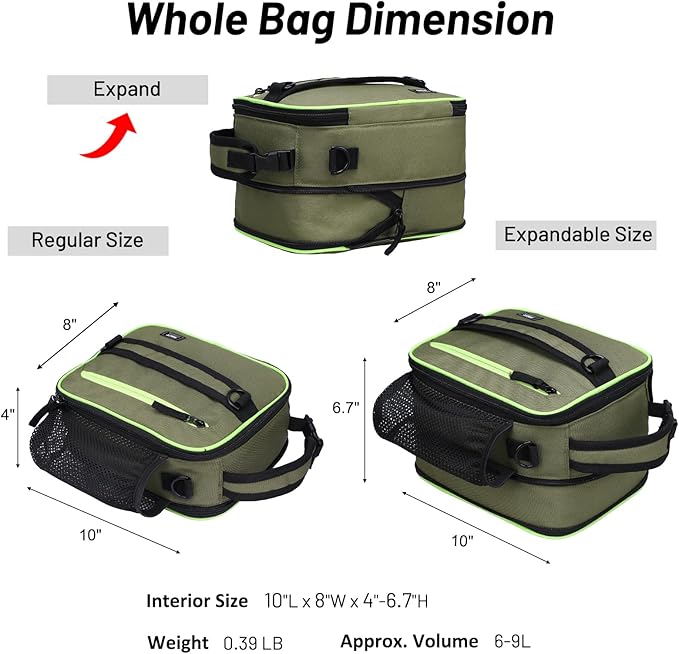 MIER Expandable Lunch Bag Insulated Lunch Box for Men to Work Travel Portable Lunchbox Bags with Shoulder Strap and Water Bottle Holder(Green)