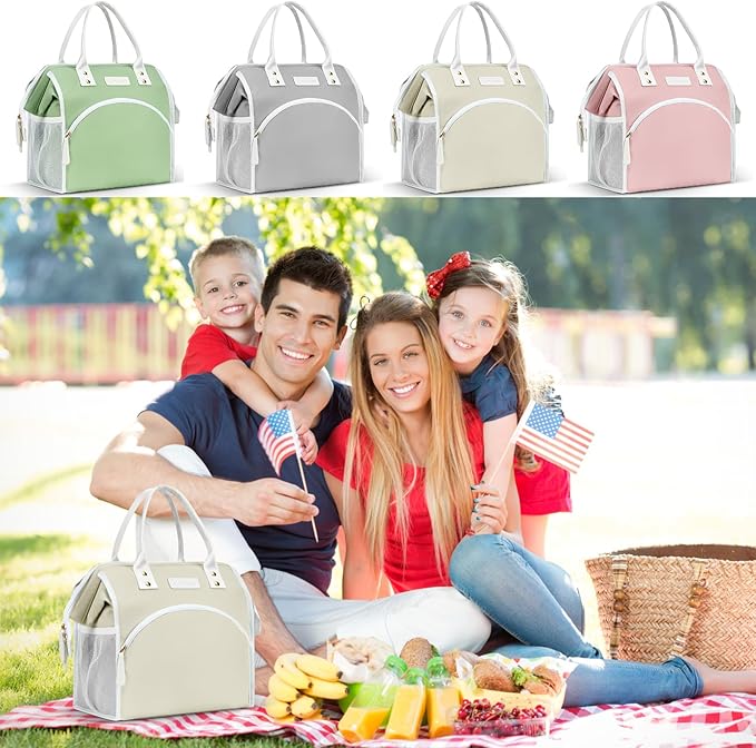 LOKASS Lunch Bag Women Insulated Lunch Box Wide-Open Lunch Tote Bag Large Waterproof Cooler Bag for Work Picnic Hiking Beach(Beige)