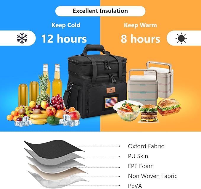 HSHRISH Double Deck Tactical Lunch Box, Large Expandable Insulated Lunch Bag, Durable Waterproof Leakproof Cooler Bag with Flag for Adults/Men/Work Outdoor Trips, 20 Cans/15 L, Black