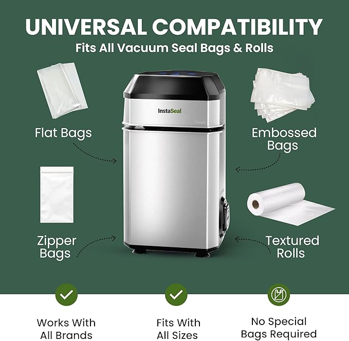 InstaSeal Vacuum Sealer for Food with 12 Bags, Compact Upright Food Vaccum Sealer Machine Allows to Seal Marinades, Soups, Vegetables, Meats for Sous Vide Cooking, Saver Keeps Food Fresher Longer