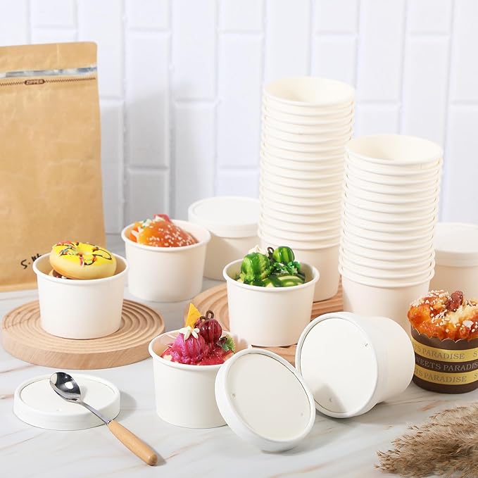 Fulmoon 100 Pack Paper Soup Containers with Lids Disposable Paper Food Containers with Vented Lids Kraft Ice Cream Bowls Soup Cup Ice Cream Cups for Restaurants(8 oz,White)