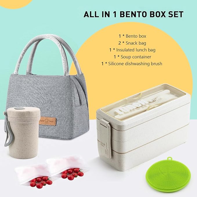 Bento Box Japanese Lunch Box Kit Leakproof Bento Lunch Box for Kids Adults Wheat Straw 3 Layer Stackable Lunch Containers with Compartment Eco-Friendly Meal Prep Containers (Beige)