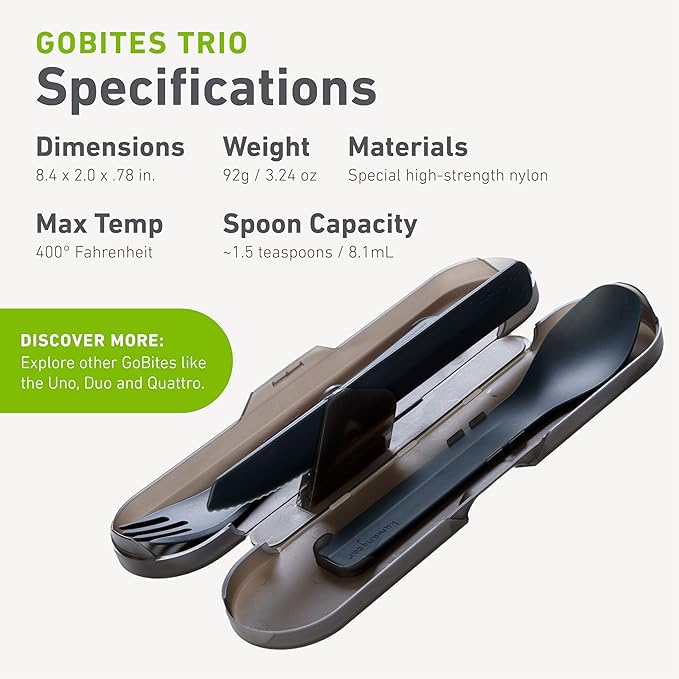 humangear GoBites Trio - Travel & Camping Utensils - Portable & Convertible Dining Ware - Multi-Functional Knife, Fork, Spoon & Toothpick, Gray