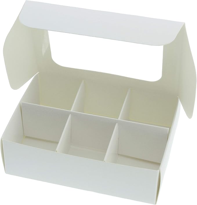 Treat boxes with window and dividers | 6 X-SMALL compartments | 5 x 3.5 x 1.57 in | Empty candy boxes for gift giving, truffle box - perfect for Valentine's Day | 20-pack (White)