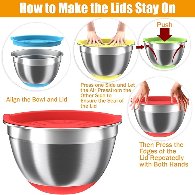 Mixing Bowls with Airtight Lids Set, 4 Stainless Steel Bowls Nesting Bowls & Colander, Kitchen Organizers and Storage Non-Slip Bottom, Size 1.5/2.0/2.5/4.0QT, Great for Mixing & Serving, Multicolor