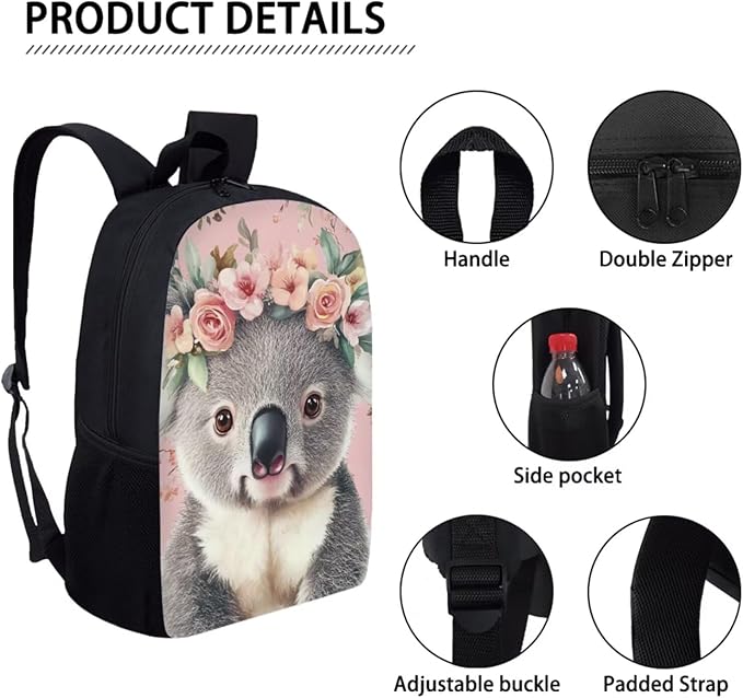 Dolyues Pink Flower Koala Girls 3-Piece Set: 17 Inch Laptop-Compatible Backpack, Leak-Proof Lunch Bag & Pencil Pouch - Extra Padding & Anti-Lost