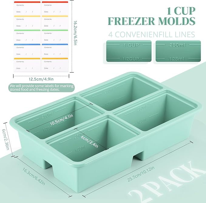 2 PACK Silicone Freezer Trays With Lid, 1 Cup Silicone Freezer Molds, Silicone Soup Freezer Molds For Freeze & Store Soup, Broth, Leftovers, Microwave-safe Soup Freezer Container - Green