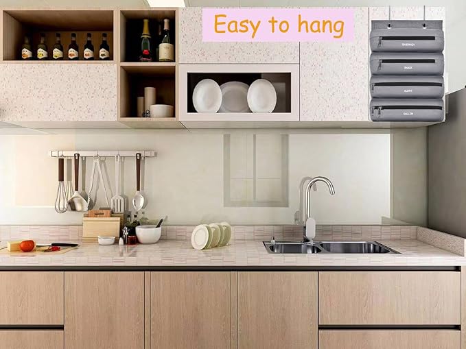 Zipper Bag Organizer Compatible with Gallon, Quart, Sandwich & Snack Food Storage Bag, Kitchen Plastic Bag Storage Organizer for Kitchen RV Camper (Grey)