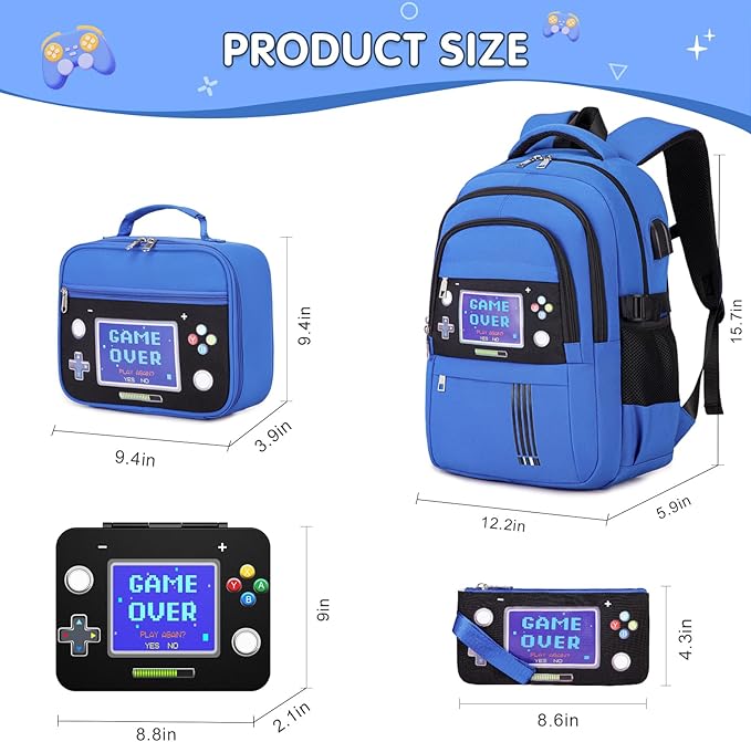 Boys Backpack - Luminous Game Bento Box with Insulated Lunch Bag Pencil Case & Utensils Set for Kids, 6 Leakproof Compartments Removable Tray Lunches or Snack Container (Blue Game Screen)