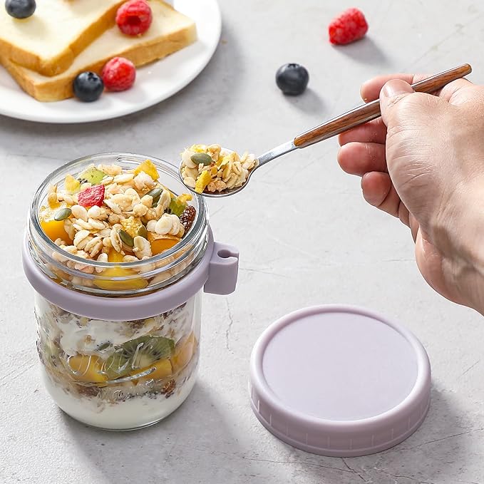 LANDNEOO 6 Pack Overnight Oats Containers with Lids and Spoons, 16 oz Glass Mason Overnight Oats Jars, Large Capacity Airtight Jars for Milk, Cereal, Fruit
