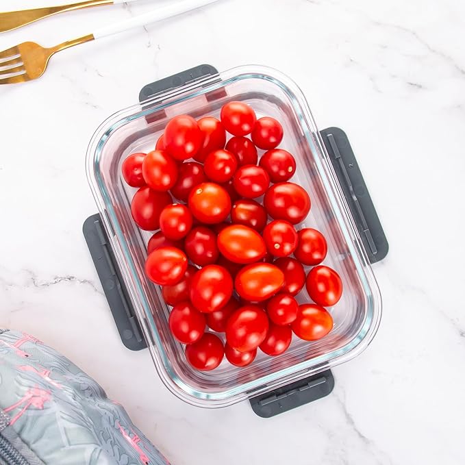 10 Pack Glass Food Storage Containers with Airtight Lids, Ideal for Meal Prep, Lunches - Microwave and Dishwasher Safe, Grey
