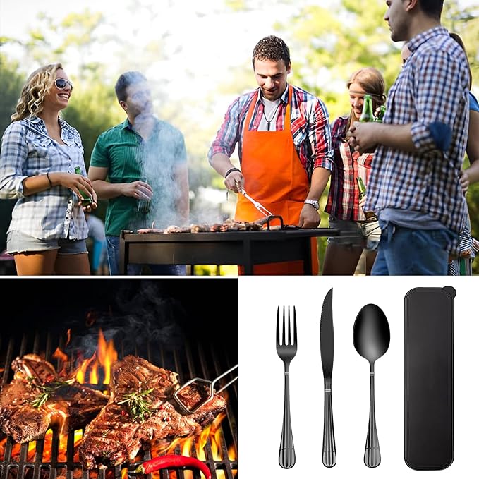 Portable Utensils Set With Case - 18/8 Stainless Steel Spoon and Fork Set for Travel, Camping, Office, Lunch Box - 3 PCs Steak Knife Included - Dishwasher Safe