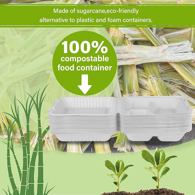 greensight Compostable Take Out Food Container 8X8, 100 Pack 3 Compartment Clamshell Food Container, Disposable To Go Food Boxes, Biodegradable Food Containers Made of White Sugar Cane Fibers