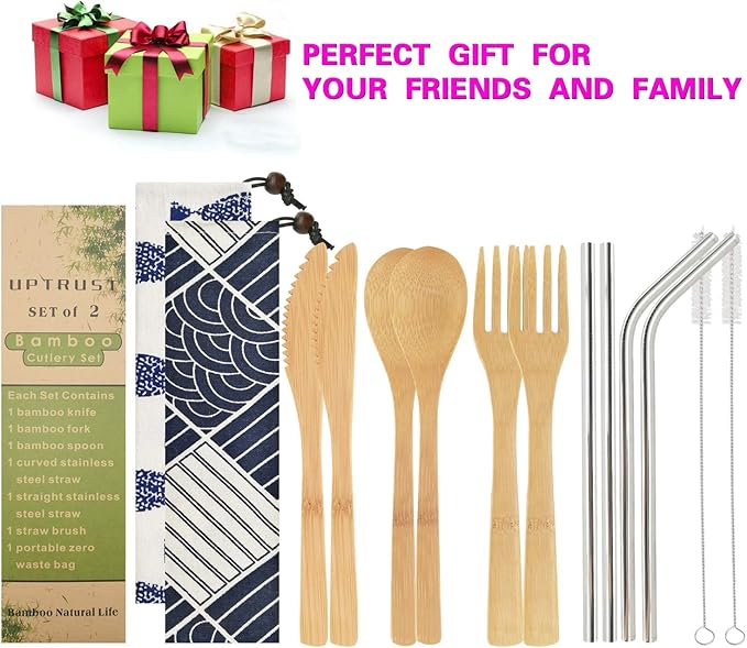 UPTRUST 2 Set Bamboo Cutlery Set with Travel Case, Reusable Bamboo Utensils - 7.8 Inches Knife, Fork, Spoon, 3 Colors Metal Straw - Portable Travel Set (Silver Straw)