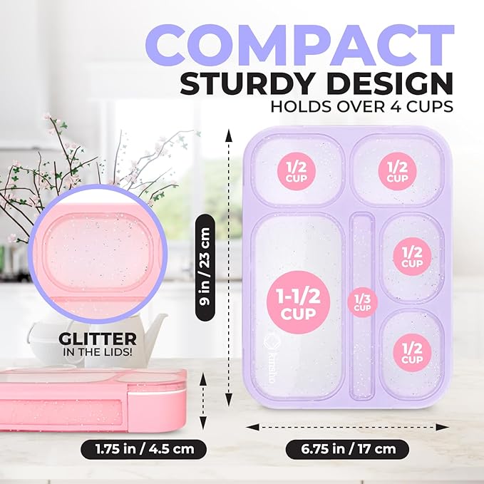 kinsho Glitter Lunch Box Bento-Boxes for Girls, Meal and Snack Containers for Toddler Daycare, School, Travel, 6 Divided Sections, Cute Bentobox, Leak-Resistant, Utensils, Purple Lilac Sparkle