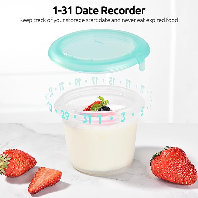 U-Taste 1 Cup Silicone Food Container: Small Kitchen Storage with Airtight Lid, Freezer & Microwave Safe, Fruit Box with Date Marking Circle, Clear Stackable for Meal Prep Portion (Set of 2, Teal)