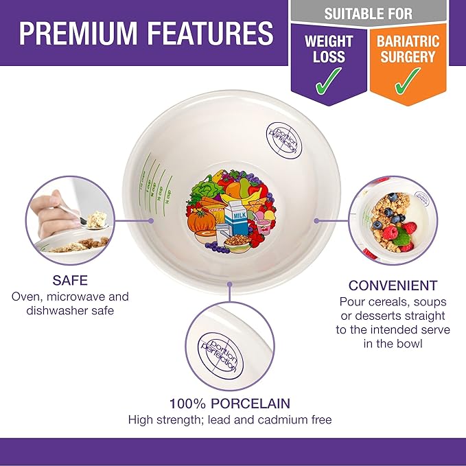 Portion Perfection Measuring Bowls, PORCELAIN, Set of 2, Portion Control Diabetes, Weight Control & Bariatric Surgery Must Haves. These Food Measuring Cups for Weight Management are Accurate