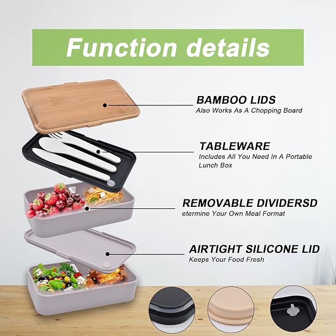 1200ML Bento Boxes, Japanese Lunch Boxes, 2 Stackable Food Containers,for Adults, Men&Women, with Nylon Sealing Strap,Built-In Reusable Cutlery,BPA Free,Bamboo Lid,Microwave Safe (GREY)