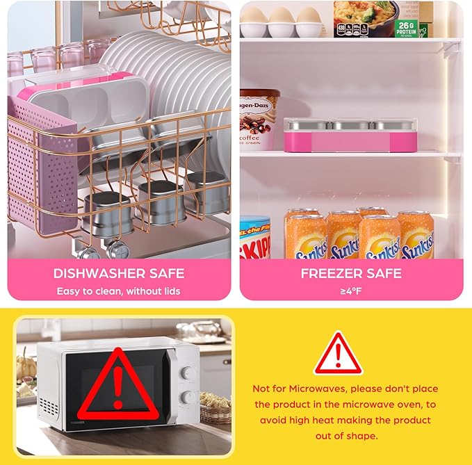 Stainless Steel Bento Lunch Box for Kids Adult - Leakproof BPA-Free School Lunch Container with 5 Compartment and Lunch Bag Set for Toddler Child Bento Box (Pink)