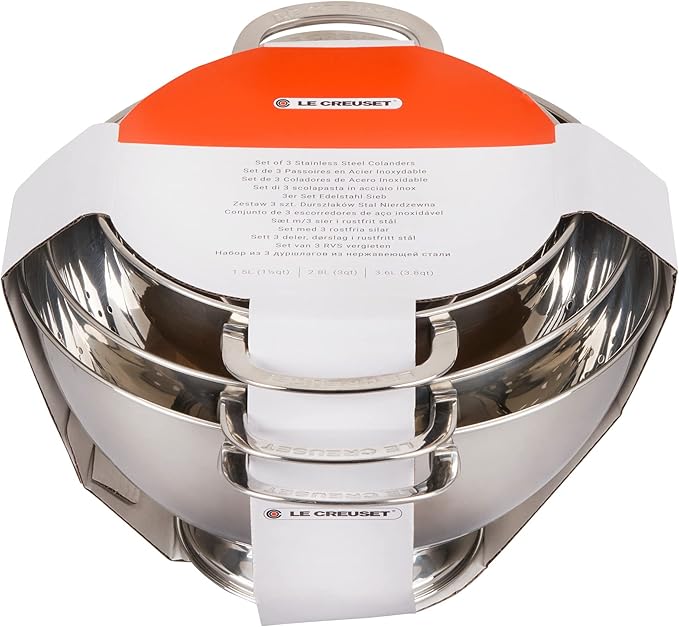 Le Creuset Set of 3 Stackable Colanders, Large, Stainless Steel