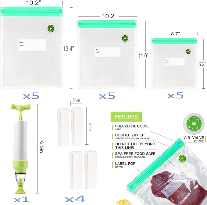 Sous Vide Bags 20pack Reusable Vacuum Food Storage Bags with 3 Sizes Vacuum Food Bags,1 Hand Pump,4 Sealing Clips for Food Storage and Sous Vide Cooking (Green Kit)