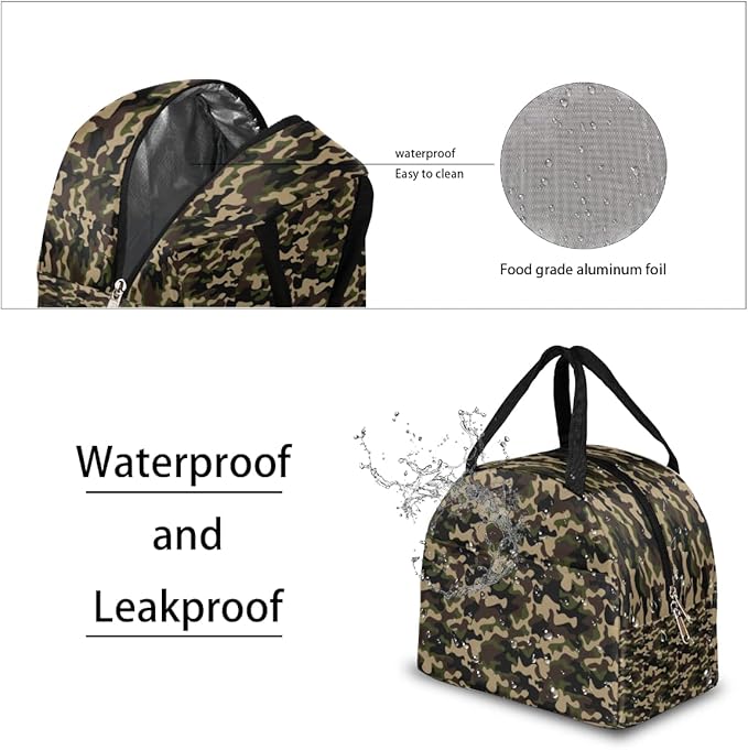 Insulated Lunch Bag for Women Men Green Brown Camouflage Waterproof Thermal Tote Bag Reusable Lunch Box Container Lunch Holder Leakproof Lunch Cooler Bag Picnic Travel Work
