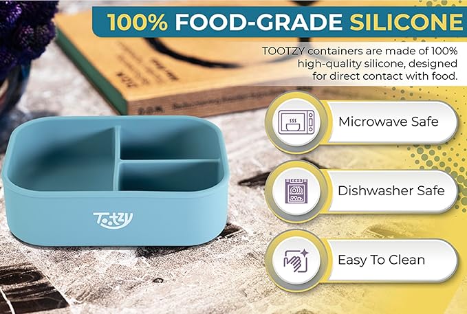 Premium 3-Compartment Silicone Bento Box 25 oz – Reusable, Leakproof, BPA-Free – Microwave & Dishwasher Safe – Food Container for Kids, Adults & Pets – Great for School, Office, Travel & Walks (Gray)