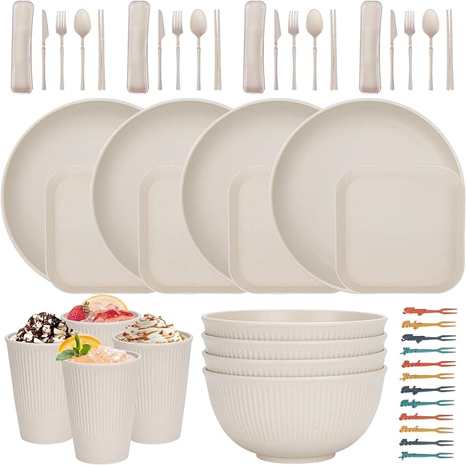 48 Pcs Dinnerware Sets, Unbreakable Plates and Bowls Sets, Reusable Dinnerware Sets for 4 People, Travel Camping Picnic Home Party Cutlery Set, Dishwasher Microwave Safe Dishes