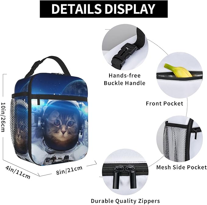 YETTA YANG Space Galaxy Cat Cool Portable Lunch Bag Insulated Lunch Box Reusable Totes For Women Men Work Picnic Camping