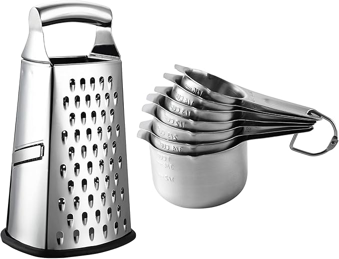 Spring Chef Professional Box Grater, Large & Stainless Steel Measuring Cups, Round, Set of 7-2 Product Bundle