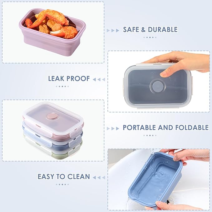 Mifoci 6 Pcs Silicone Food Containers 18.6 oz Collapsible Storage Containers with Airtight Lids Stacking Meal Prep Lunch Leftover Food Fruits Storage Foldable Box for Freezer Microwave Dishwasher Safe