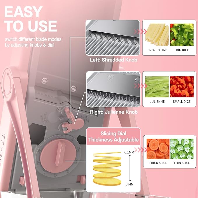 Mandoline Slicer for Kitchen,Bigger Entrance Vegetable Potato Slicer Chopper,Strips Julienne Dicer Adjustable Thickness for Kitench Fast Meal Prep-Pink