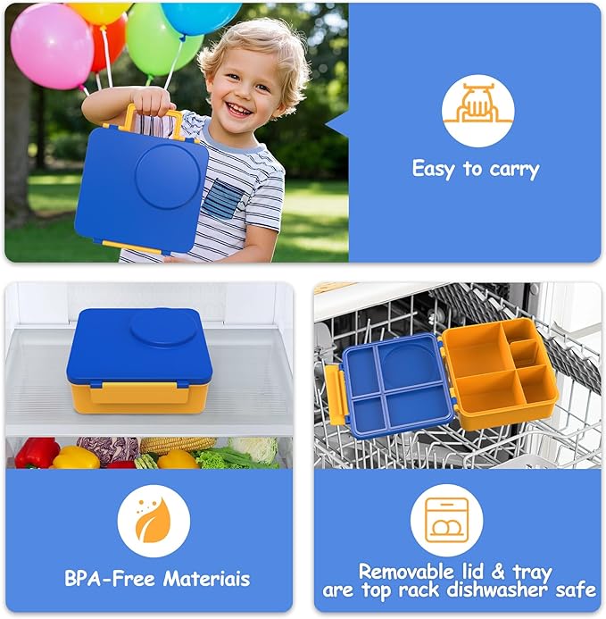 Bento Lunch Box for Kids with 12oz Soup Thermo, Leak-Proof Lunch Containers with 5 Compartments, Insulated Lunch Bag, Thermo Hot Food Jar with Spoon for Kids to School, Travel, Blue