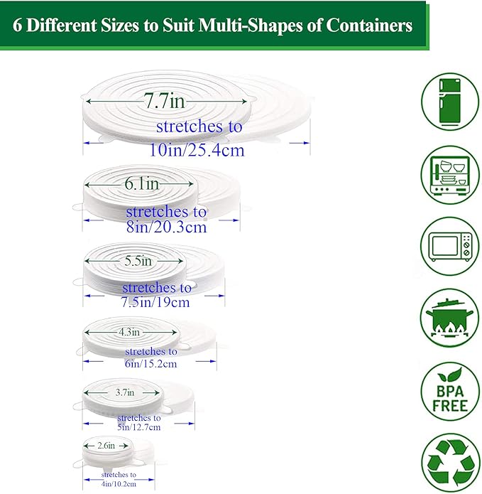 Adpartner Silicone Stretch Lids, 12 Pack of Reusable Silicone Lids for Food Storage BPA-free Silicone Covers for Bowls, 6 Different Sizes to Fit Most Food Containers, Microwave & Dishwasher Use Safe