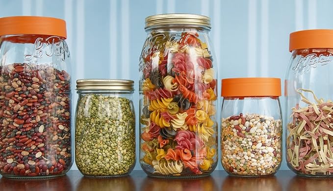 Le Parfait Screw Top Jars - Wide Mouth French Glass Preserving Jars - Zero Waste Packaging (4, 1000ml - 32oz - 1L Gold Lid)