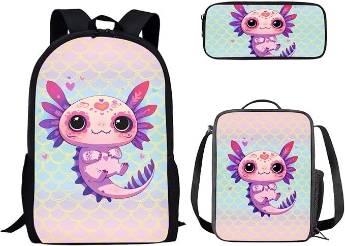 Dolyues Scale Axolotl 17-Inch Girls' 3-Piece Backpack Set - Waterproof School Bag with Lunch Box and Pencil Case - Perfect Travel Gift for School