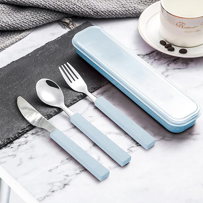VANRA 3-Piece Children Utensils Set 18/10 Stainless Steel Child Flatware Set Silverware Knife Spoon Fork Set with Travel Case for Kids Lunch Box (Blue)
