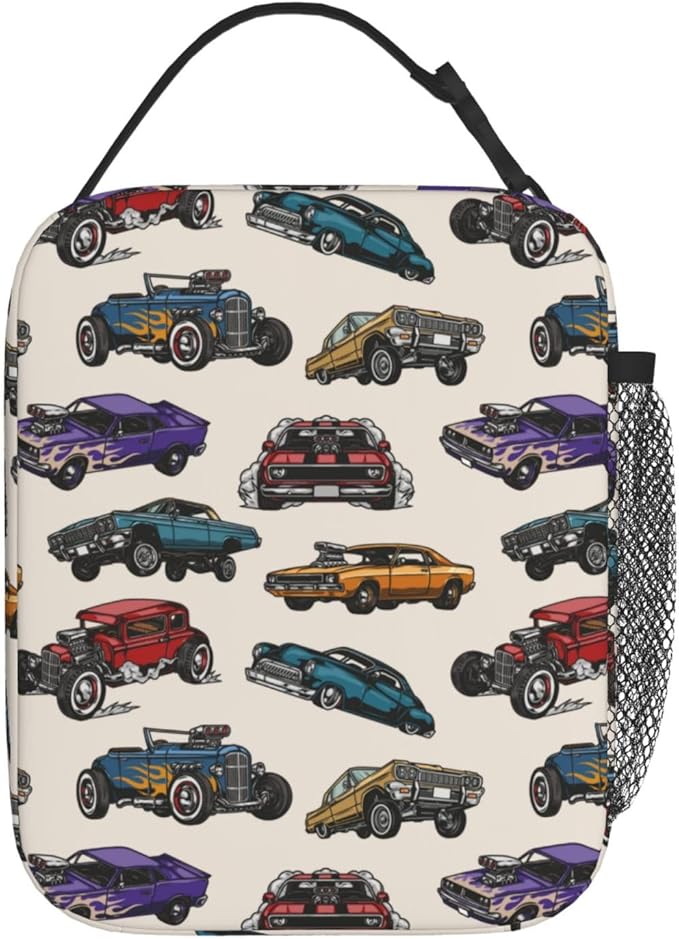 Insulated Lunch Box for Toddler Boys Kids Cars Lunch Box for Work,Picnic,School,Travel,Hiking,Beach or Fishing Polyester Cars Vintage Colorful Theme Lunch Bag