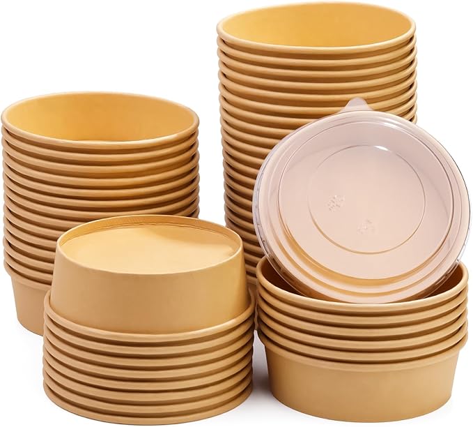 17 oz 50 Pack Large Kraft Paper Bowls with Lids, Paper Salad Bowls, Disposable Soup Salad Bowls, Paper Food Container for Salad Hot Cold Food