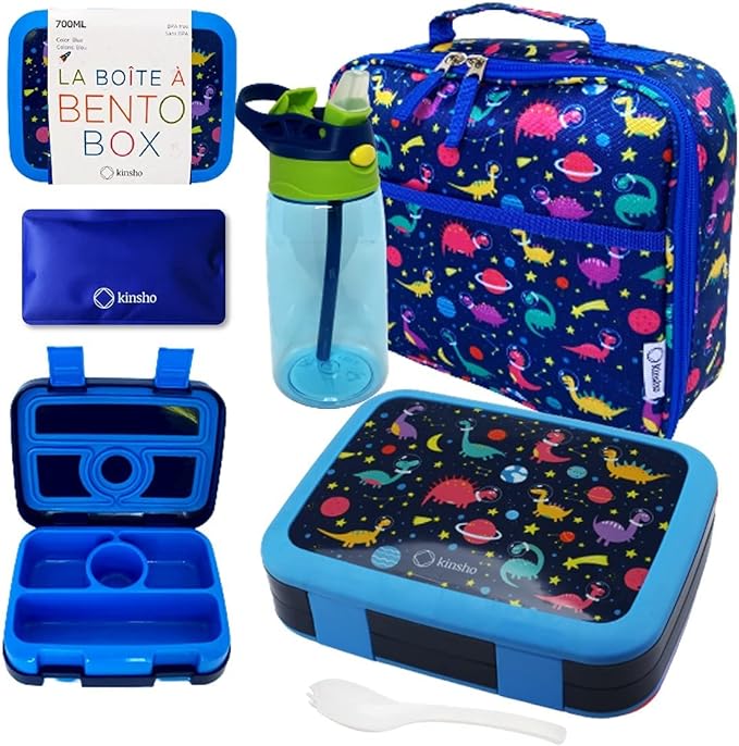 Bento Lunch Box with Bag, Water Bottle & Ice Pack Set for Kids Toddlers, 4 Portion Sections, Removable Tray, Pre-School Boy Toddler Daycare Lunches, Insulated Snack Container, Blue Space Dinosaur