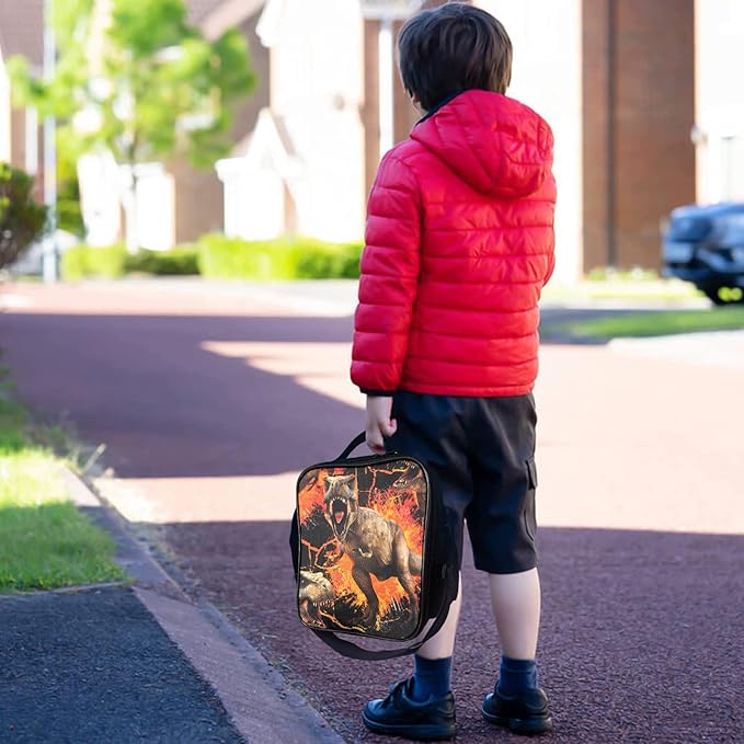 Insulated Lunch Bag for Kids, Boys Lunch Box, Dinosaur Lunch Bag with Shoulder Strap, School Bento Lunch Box for Kids Toddlers Teens, Aesthetic Cute Black Reusable Cooler Thermal Meal Tote Kit