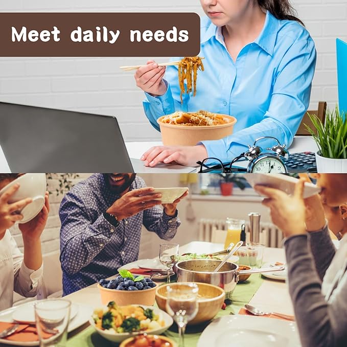 17 oz 50 Pack Large Kraft Paper Bowls with Lids, Paper Salad Bowls, Disposable Soup Salad Bowls, Paper Food Container for Salad Hot Cold Food