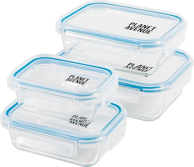 PLANET AVENUE 4-Pc Glass Food Storage Containers Set with Plastic Lids, Airtight, Meal Prep Containers with Leak-Proof Locking Lids, Safe for Microwave, Own Freezer, and Dishwasher, BPA-Free