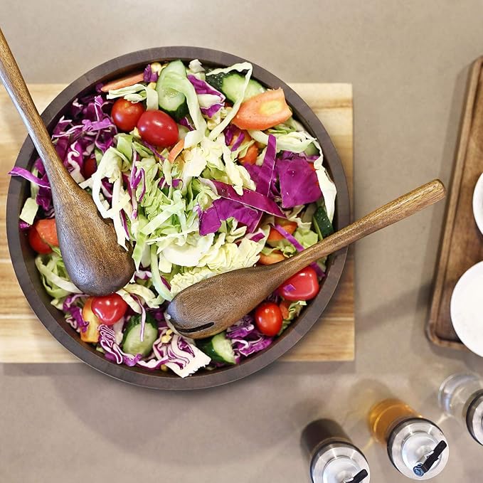 Wooden Salad Bowl, Acacia Walnut Wood Salad Bowl Set, 12 * 4.3 inch Large Natural Wooden with Fork and Spoon,Premium Eco-Friendly 346oz /10.8qt for Kitchen,Dining,Serving & Mixing Food