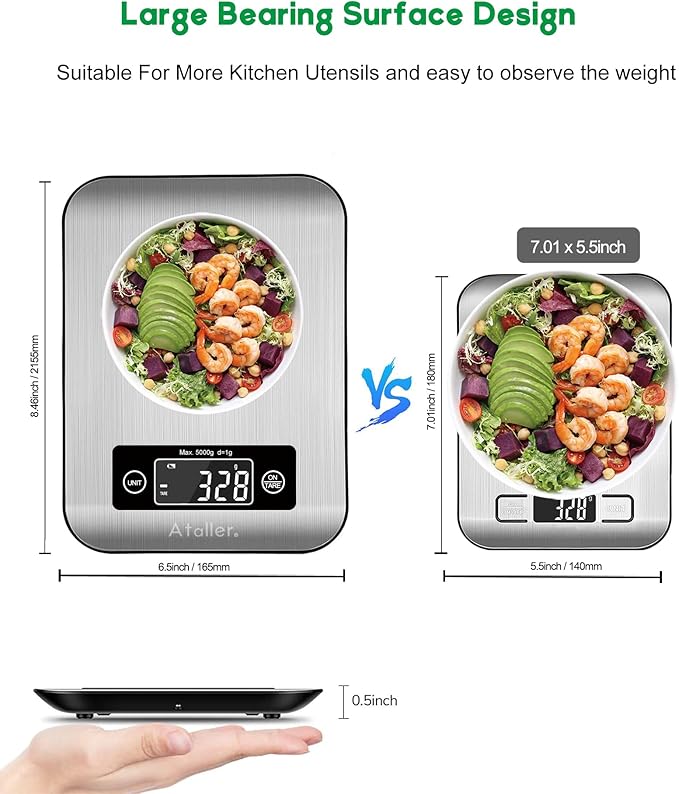 Ataller Smart Food Nutrition Scale, Digital Kitchen Scales with Smart App for Meal Planning, Tracking Calorie Value and Food Nutritional Counting, Resolution 1g, Max 5kg 11Ib, 304 Stainless Steel