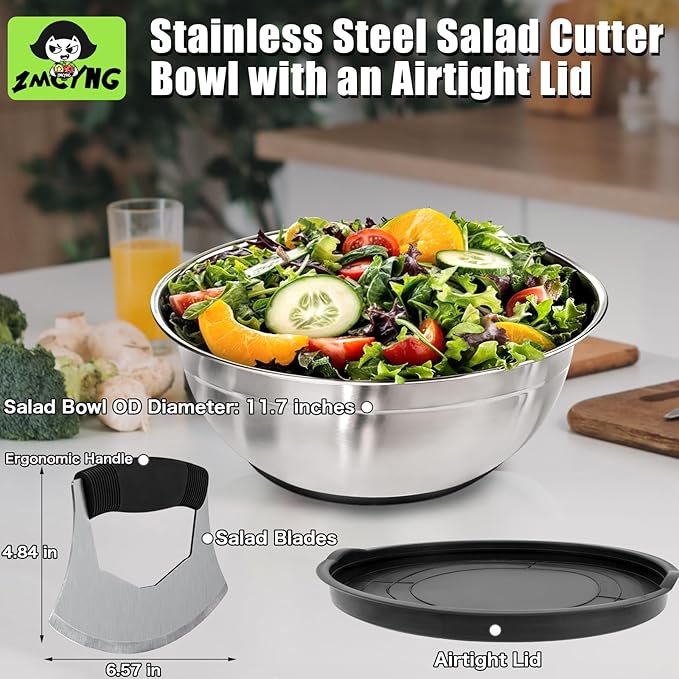 Salad Chopper Bowl - Stainless Steel Salad Chopping Bowl, Salad Chopper Bowl and Cutter with Lid, Chef Grade Salad Chopper Blade and Bowl, Mezzaluna Mincing Knife, Super-fast Salad Prep