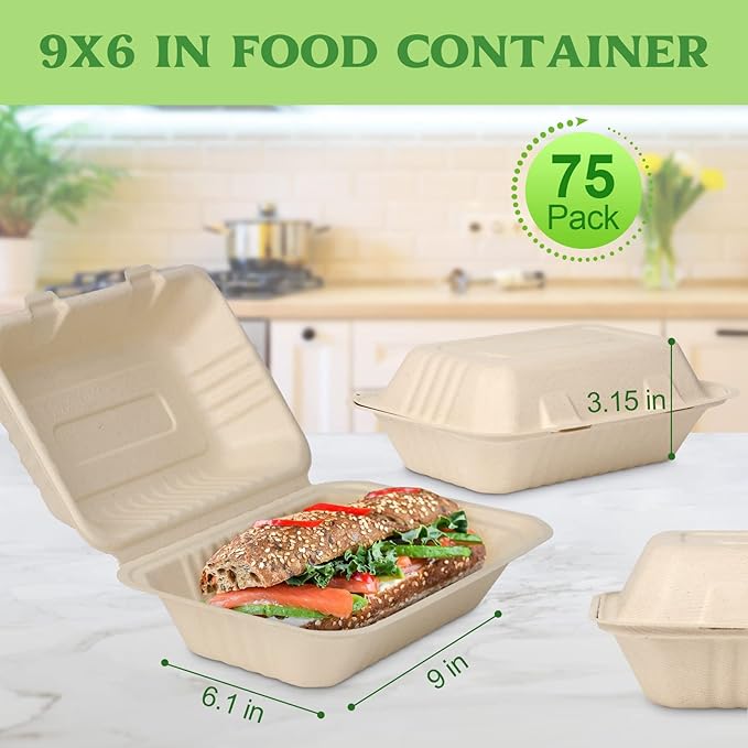 greensight 9 x 6 Clamshell Take Out Food Containers, 75 Pack Disposable To Go Containers, Compostable To Go Boxes, Biodegradable Food Containers Made of Sugar Cane Fibers