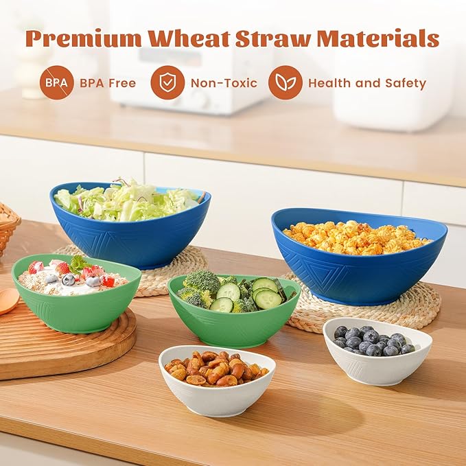 Homienly Wheat Straw Bowls Sets 6 Pieces, Wheat Straw Salad Bowls, Multi-Size Bowls for Kitchen, Camping, Mixing, Unbreakable Bowl Set for Salad, Snack,Cereal, Fruit, Microwave Safe (Island Theme)
