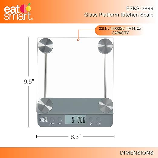 Eat Smart Eat Smart 33lb Glass Platform Food Kitchen Scale with Tare, Grey